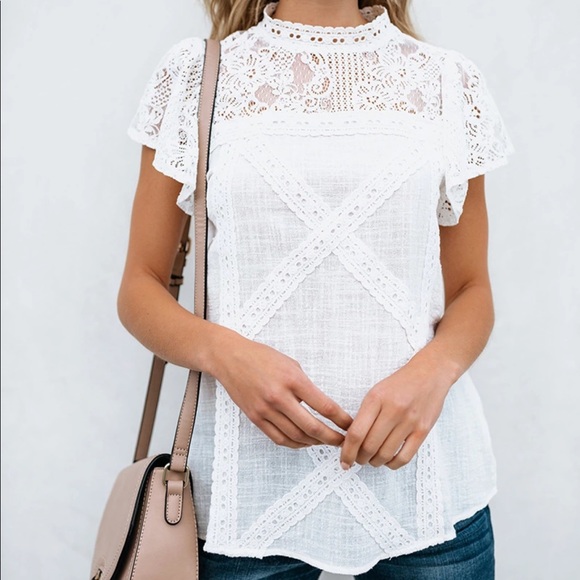 White Geometric Cotton + Lace Blouse - Picture 3 of 3